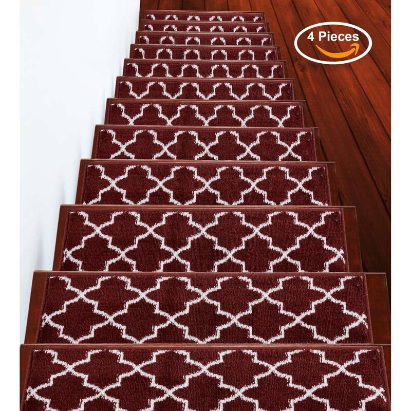 SUSSEXHOME Geometric Stair Treads with Easy to Install Double Adhesive Tape 9" x 28" - 15-PACK - Red