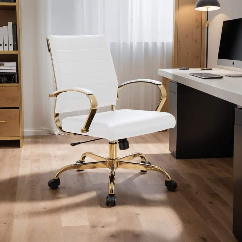 LeisureMod Benmar Home Leather Office Chair With Gold Frame - Black - 24"Dx22.5"Wx38"H