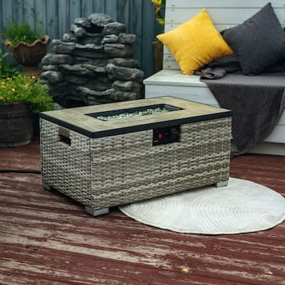 GDFStudio - Everly Beige Rattan Propane Fire Pit Table with Hidden Tank Storage and Ceramic Tile Tabletop