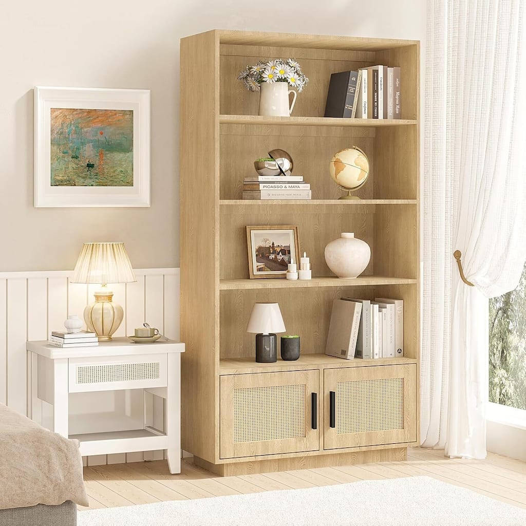 4-Tier Wooden Bookcase with Rattan Doors for Living Room, Home Office - N/A