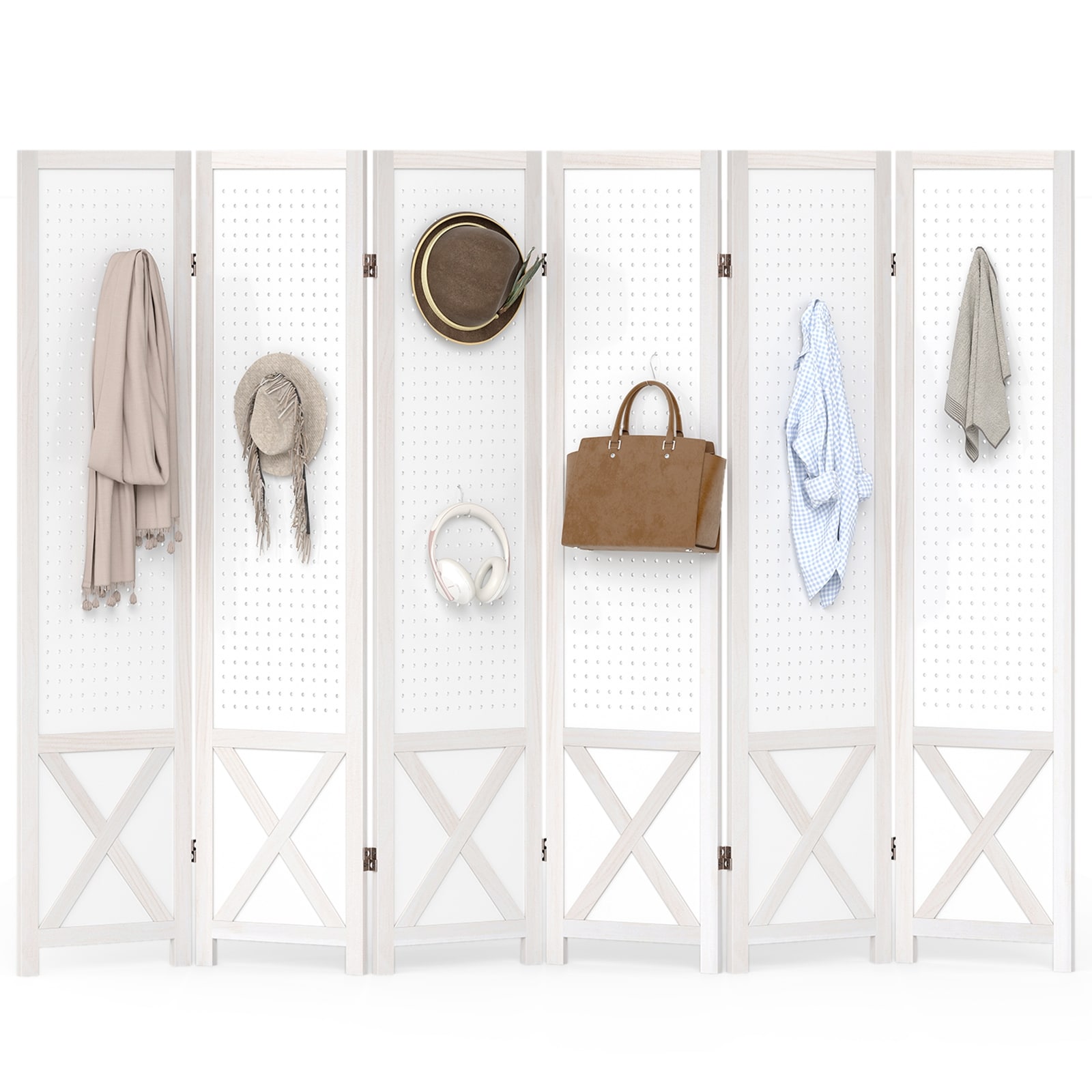 Gymax 6-Panel Pegboard Room Divider 67'' Tall Foldable Privacy Screen