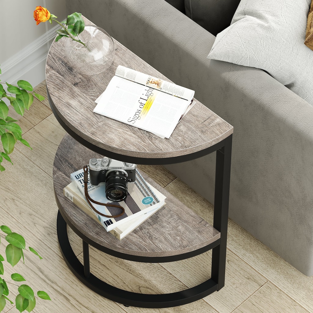 Half Round End Table with Storage, Small Wood Side Table for Living Room