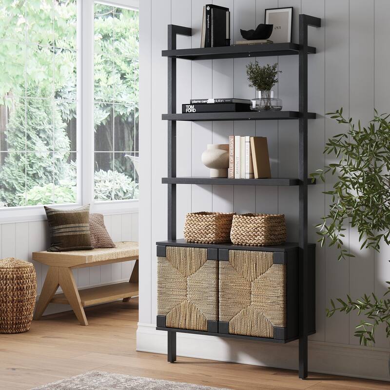 Nathan James Theo Open Shelf Industrial Bookcase with Drawers or Cabinets - Single - Seagrass/Black