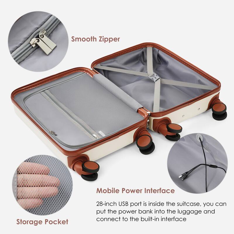 Merax 3 Piece ABS Hardshell Front-Opening Luggage Sets, Carry on Suitcase with USB Port and Cup Holder & Spinner Wheels