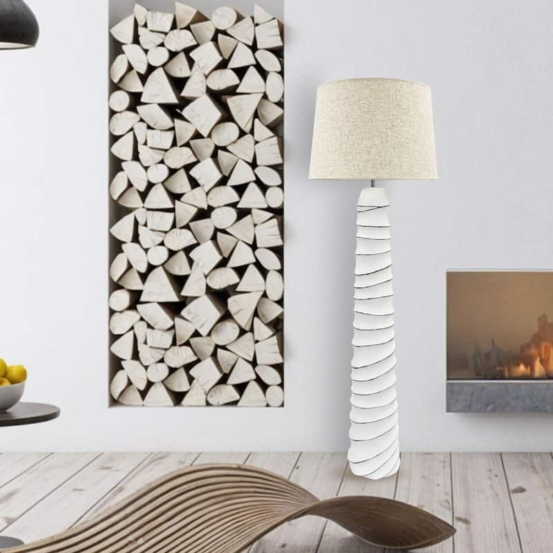 White Spiral Textured Resin Floor Lamp with Linen Shade 59 Inch Tall