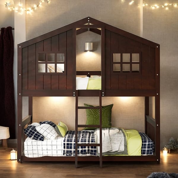 slide 2 of 16, Stylish Twin Over Twin Wood House Shaped Bunk Bed With Built-in Ladder and Guardrail, Solid Construction, Espresso Espresso