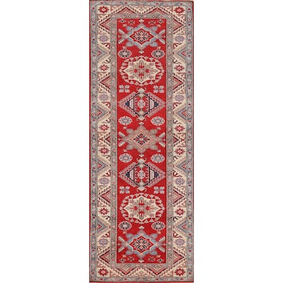 Geometric Kazak Oriental Runner Rug Hand-Knotted Red Wool Carpet - 2'8" x 9'7"