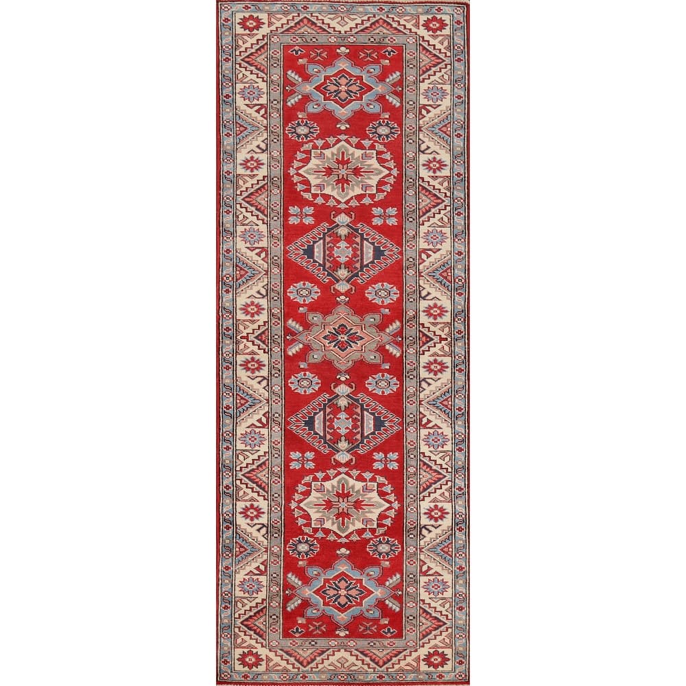Geometric Kazak Oriental Runner Rug Hand-Knotted Red Wool Carpet - 2'8" x 9'7"