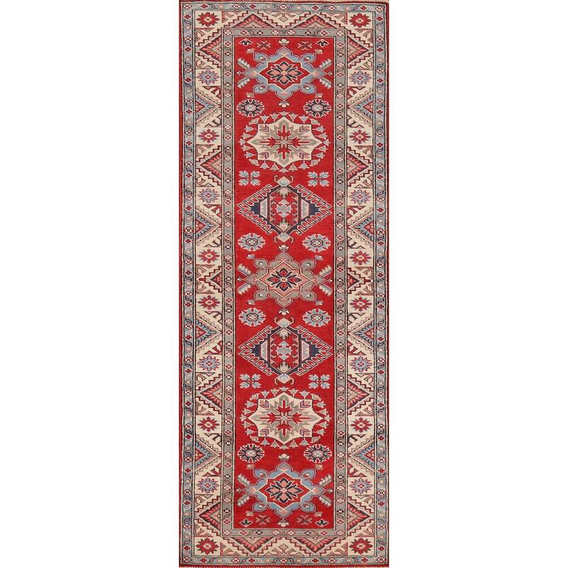 Geometric Kazak Oriental Runner Rug Hand-Knotted Red Wool Carpet - 2'8" x 9'7"