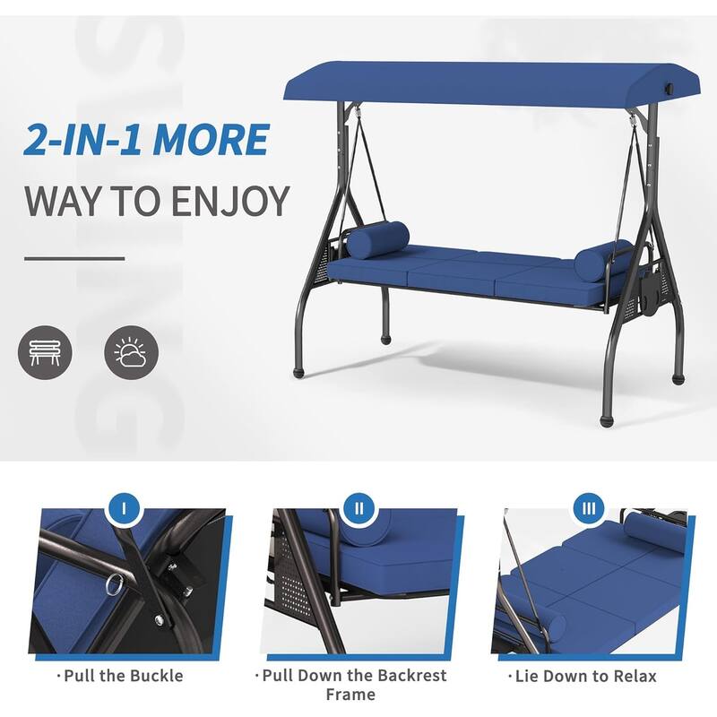 Outdoor Patio 3-Seat Porch Swing Cushioned Seat Bench Chair with Adjustable Tilt Canopy & Side Trays