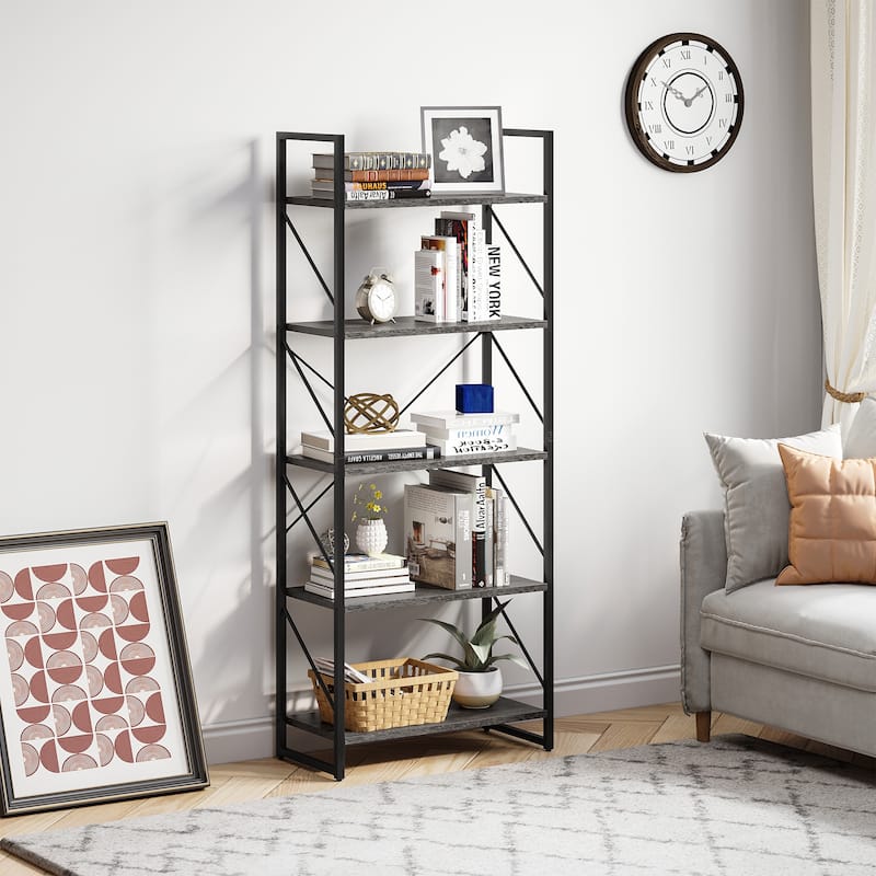 Roul Wood 5-Tier Bookshelf Industrial Artsy Grey Bookcase Books Holder Organizer