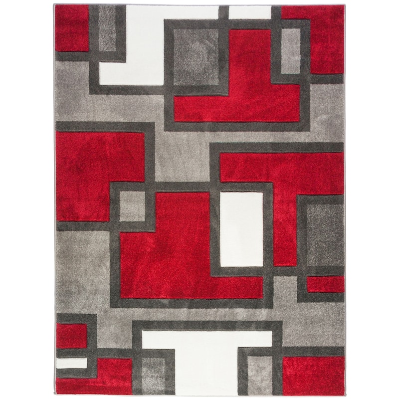Well Woven Ruby Imagination Squares Modern Geometric Area Rug - 7' 10" x 9' 10" - Red - Runner/Rectangle
