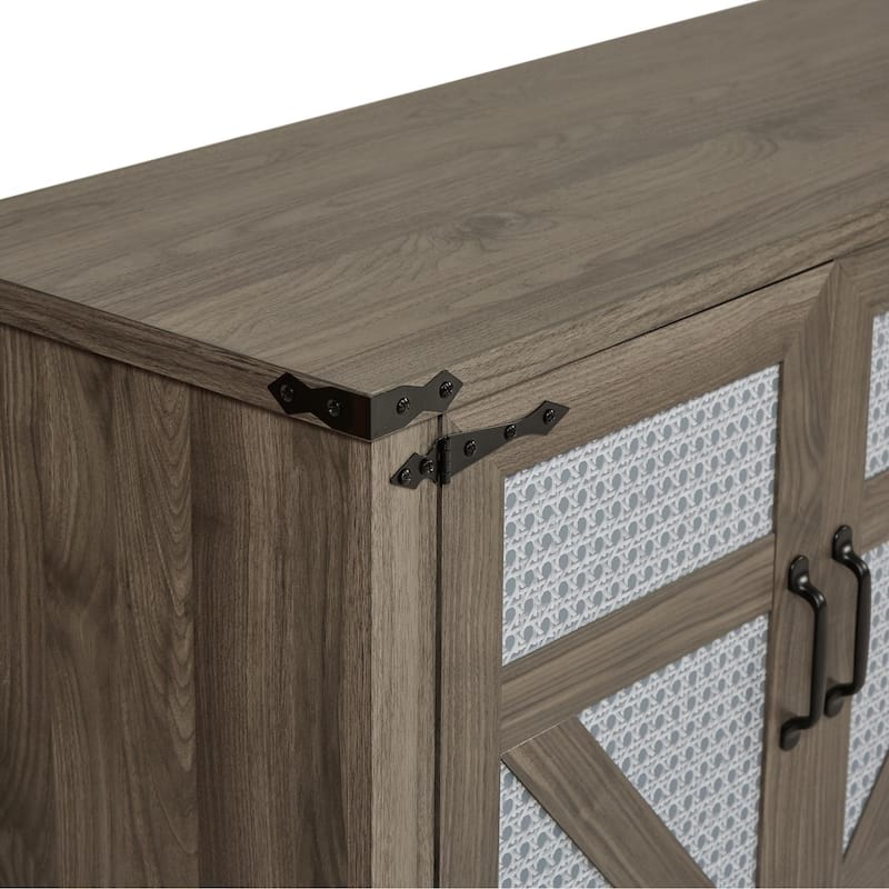 Faux Rattan Sideboard with Barn Door, Wooden Storage Cabinet with Metal Handles, Buffet Cabinet with Adjustable Shelves