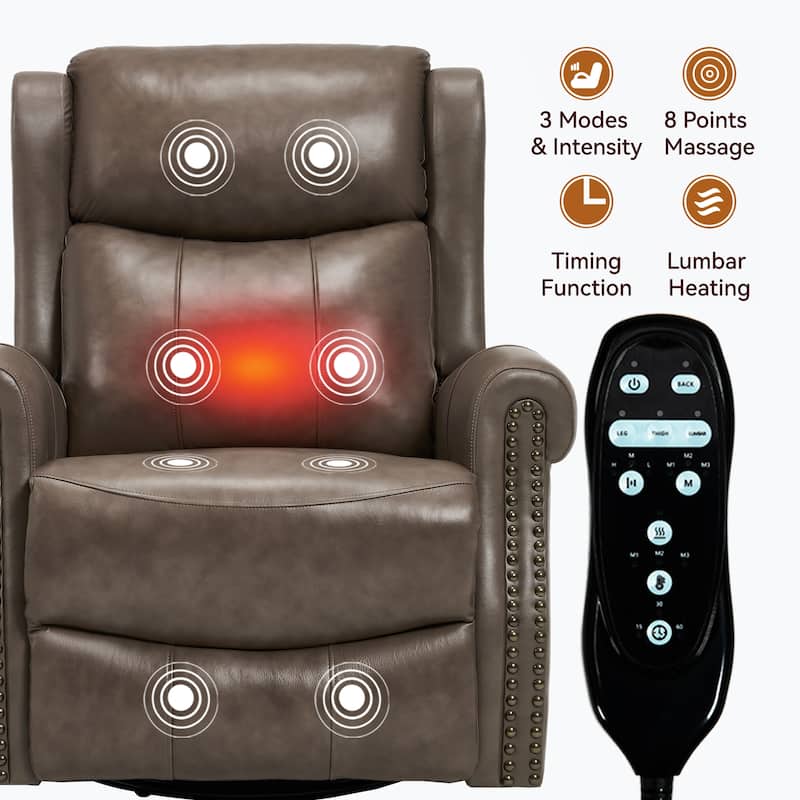 360° Swivel Rocking Recliner with Heat & Massage, Genuine Leather