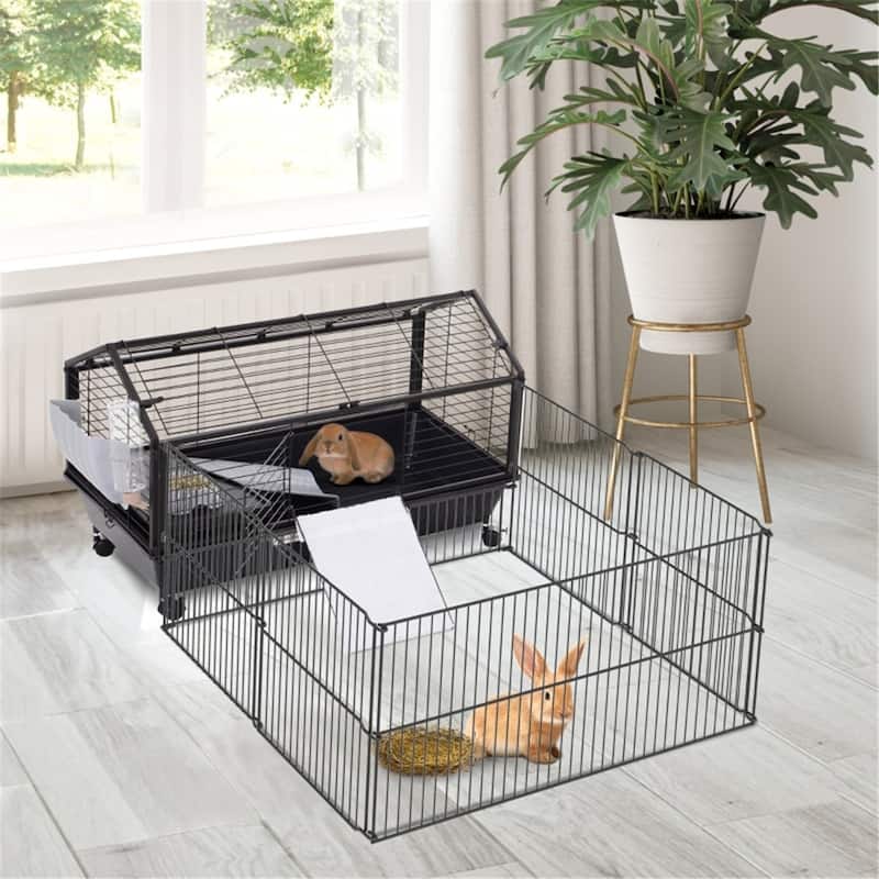 Black Small Playpen Cage with Soft and Comfortable Fleece Ramp - 34.75" L x 50.5" W x 22" H - Black