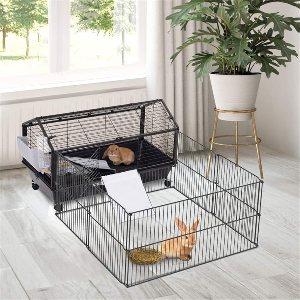 Black Small Playpen Cage with Soft and Comfortable Fleece Ramp - 34.75" L x 50.5" W x 22" H