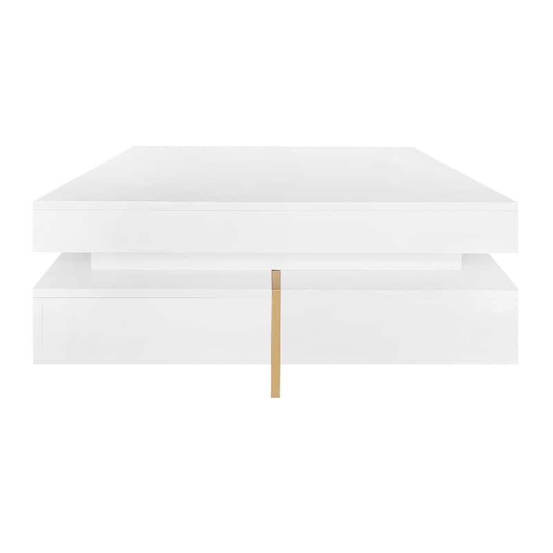 Modern Square Coffee Table with 4 Drawers, High Gloss Cocktail Tea Table with Wood Grain Legs, Accent Center Table