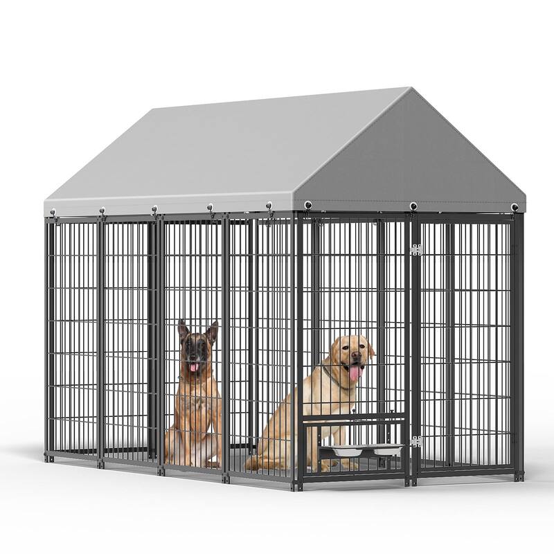 GDF Studio - Rockwell Large Outdoor Dog Kennel with Roof Cover & Feeding System