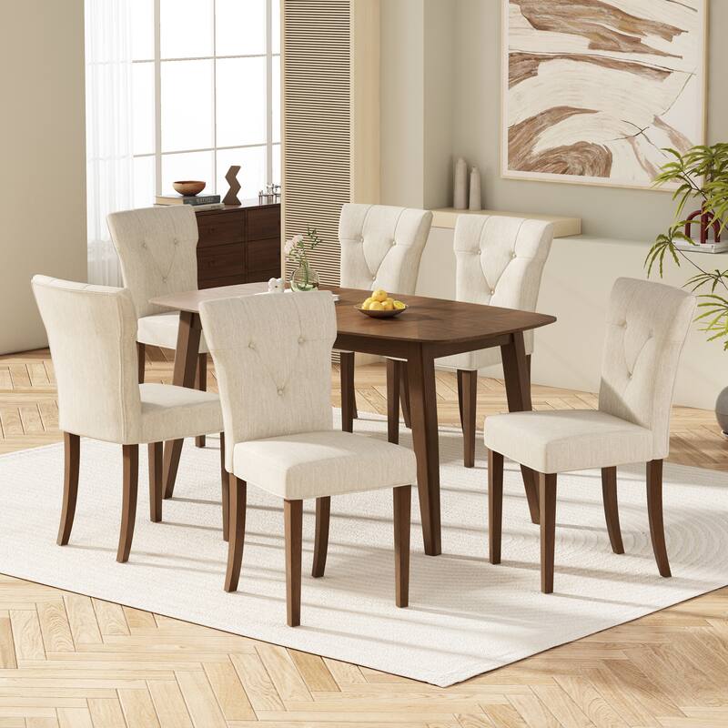 7 - Piece Rubber Wood Dining Table Set with Rectangle Dining Tables and 6 Upholstered High Back Dining Chair for Dining Room - Walnut