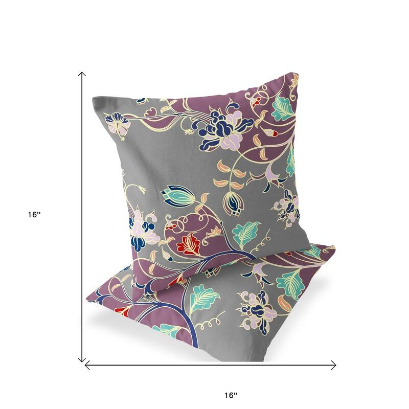 HomeRoots Set of Two 16" X 16" Gray and Purple Blown Seam Floral Indoor Outdoor Throw Pillow - 16.00' X '16.00' X '5.00