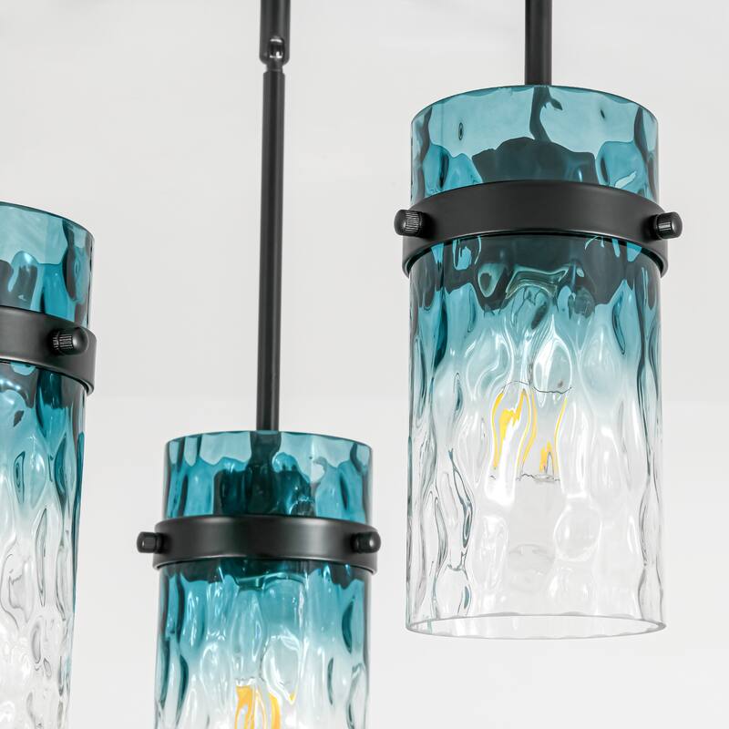 1/3-Light Coastal Matte Black Adjustable Pendant Light with Gradient Blue Hammered Cylinder Glass for Kitchen Island