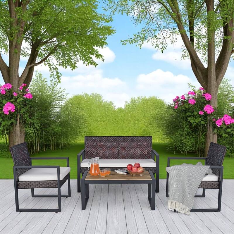 4-Piece Outdoor Patio Furniture Set with Rattan - Includes Double Chair, 2 Single Chairs, Coffee Table,Garden Conversation Set