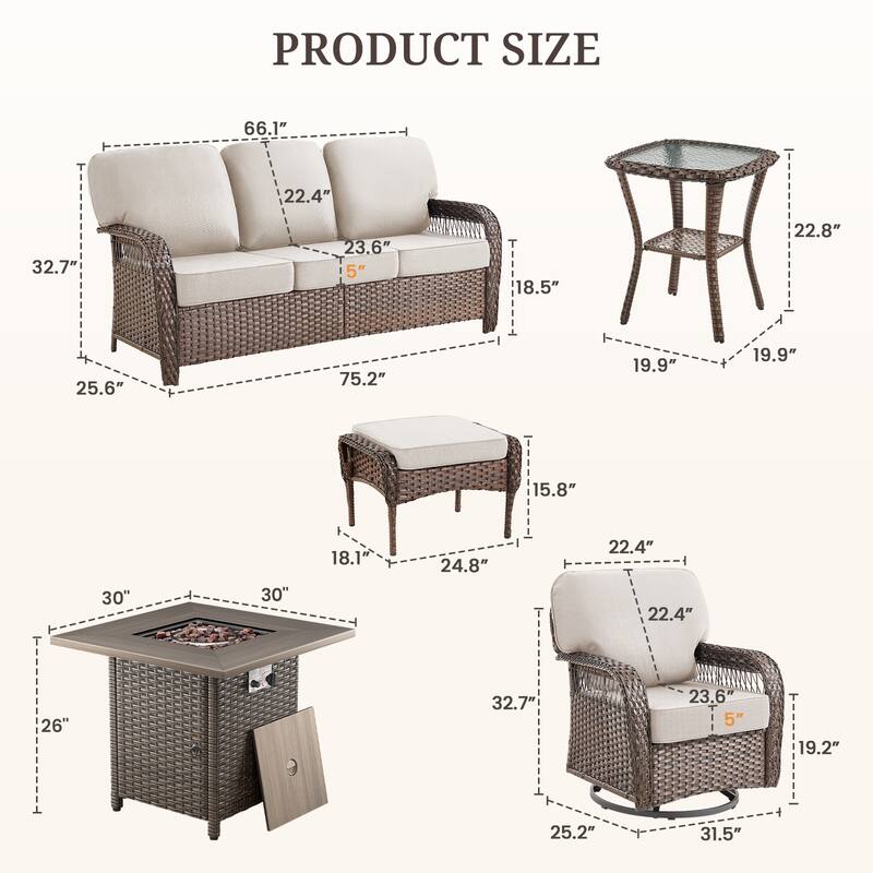 Pocassy Patio Outdoor Fire Table with Sofa Swivel Chair Funiture Set.
