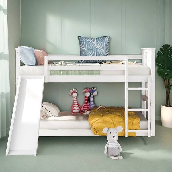 slide 2 of 27, Twin Over Twin Bunk Bed with Built-in Slide and Ladder White
