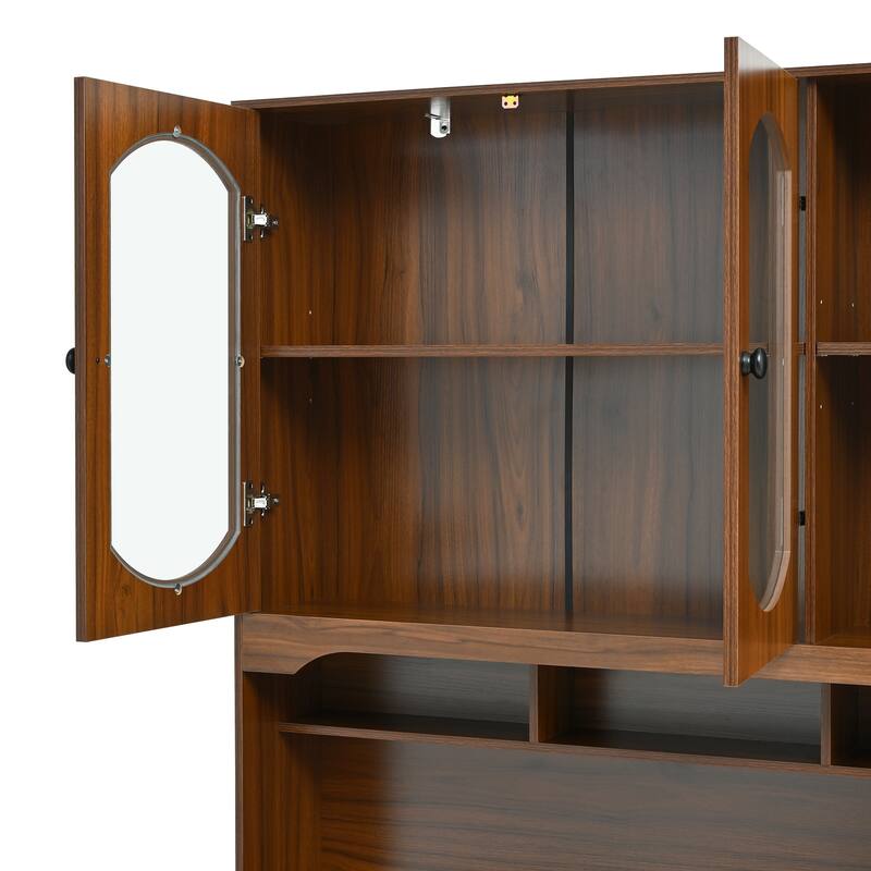 Retro Office Desk Executive Computer Desk with Charging Ports & Hutch, 5 Storage Drawers, Glass-Door Bookshelf