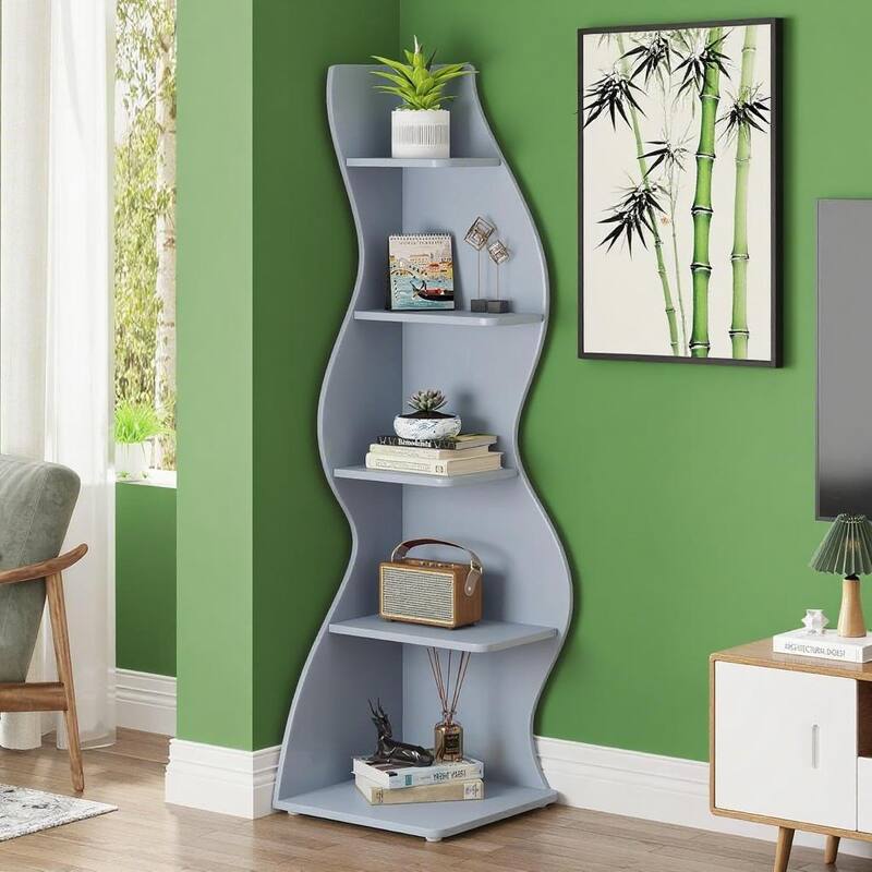 Modern 5-Tier Corner Shelf Unit with Adjustable Shelves for Living Room Office or Bedroom - 19.68” x 18.89” x 69.88” - Light-Blue
