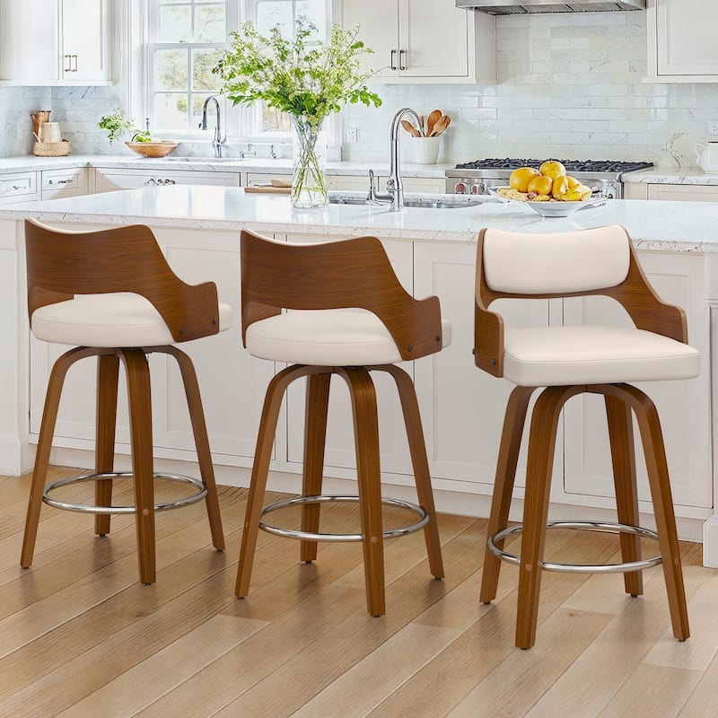26.in Counter Height Stool Swivel Wooden Faux Leather Bar Stool with Curved Back - Ivory - Set of 3