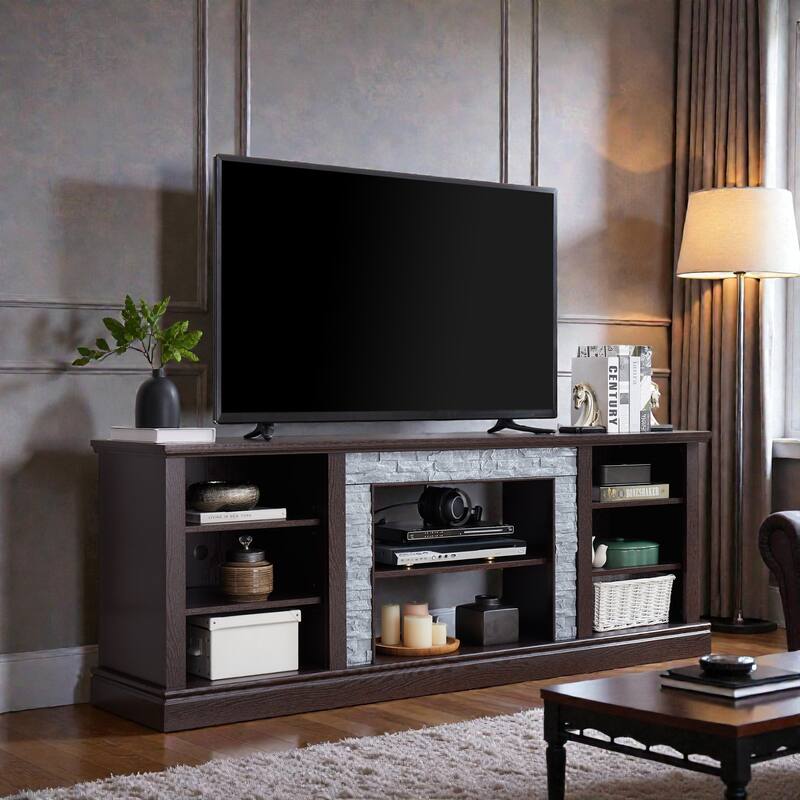 70 Inch TV Stand for TVs up to 75 Inch, Media Console with Faux Stacked Stone Surround, Storage Cabinet & Cable Management