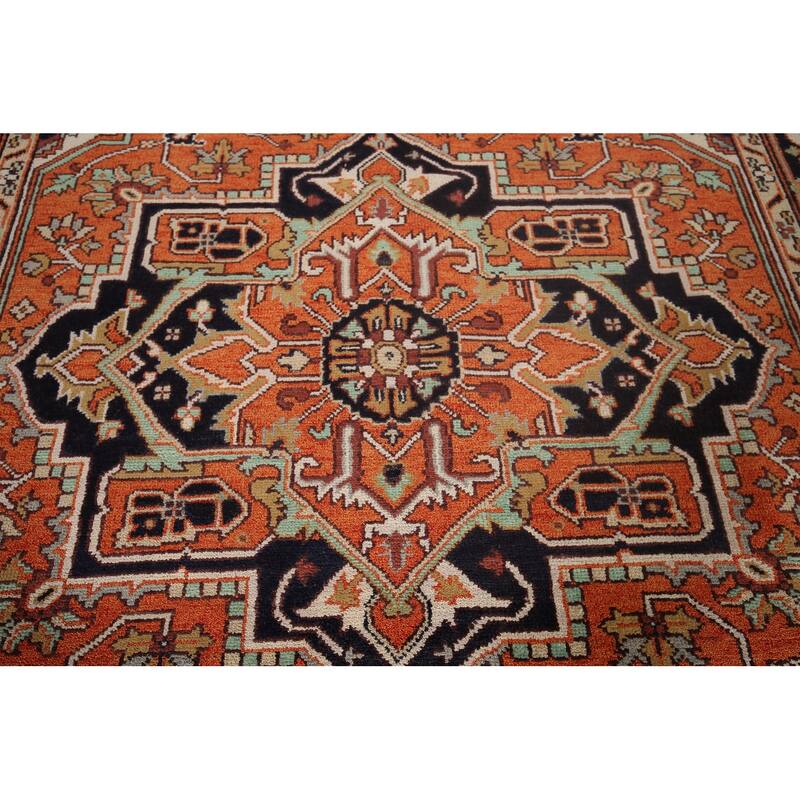 Orange Geometric Heriz Serapi Indian Area Rug Hand-Knotted Wool Carpet - 8'0"x 10'1"