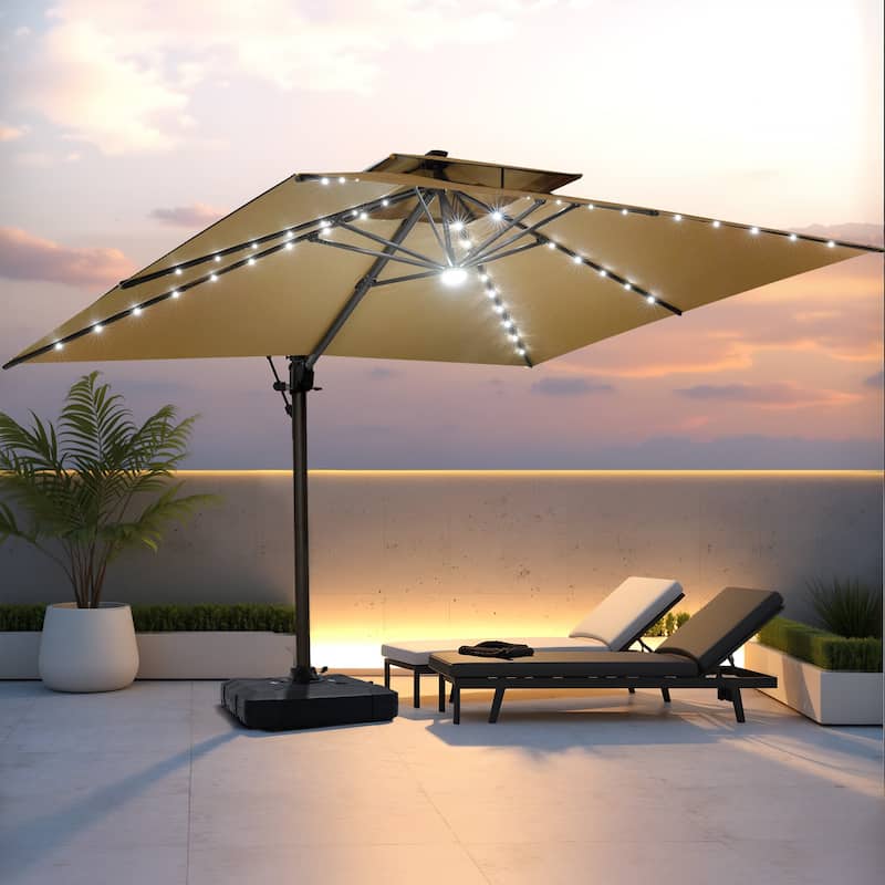 Pellebant 10 x 13FT Outdoor Rectangular Cantilever Patio Umbrella Solar LED Lighted with Wheel Base - Tan