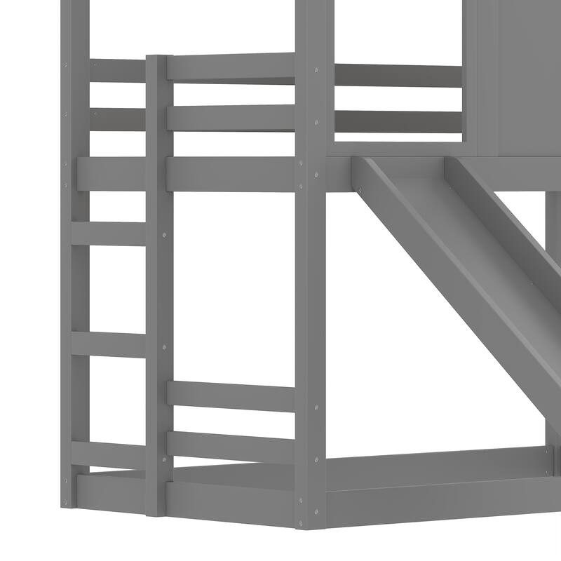 Twin House Bunk Bed with Slide and Storage Shelves, Solid Wood House Loft Bed with Window, Childlike Design