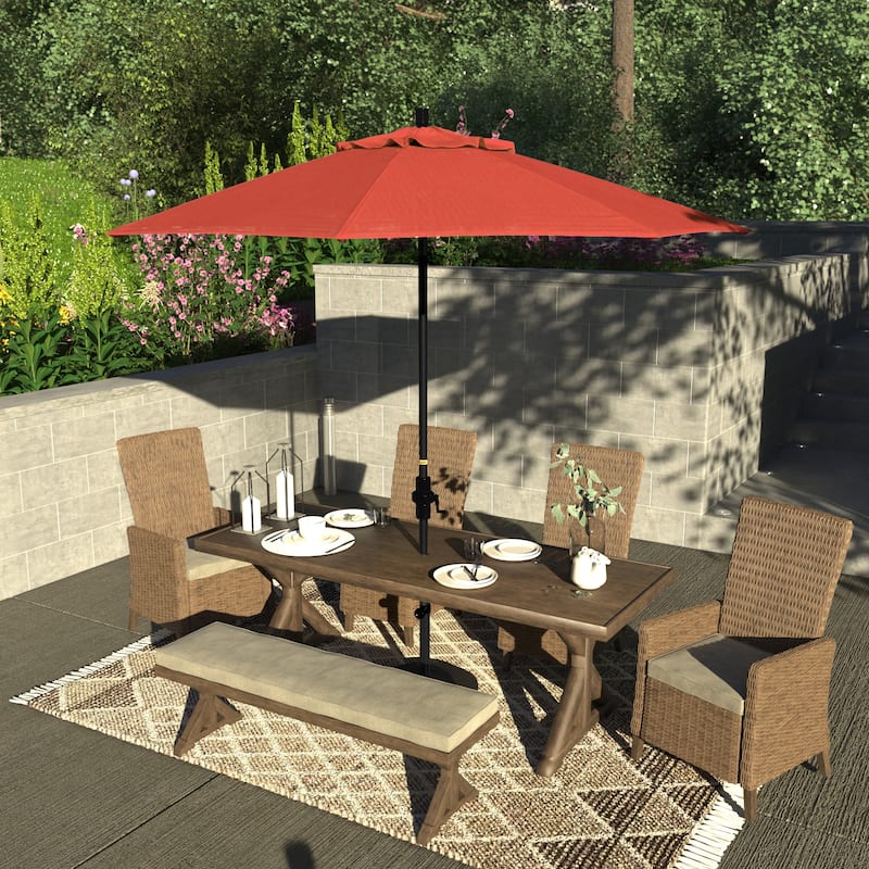 California Umbrella 9' Rd Patio Umbrella Black Aluminum Frame Fiberglass Ribs Crank Lift Collar Tilt, Olefin Royal Blue Fabric - Sunset