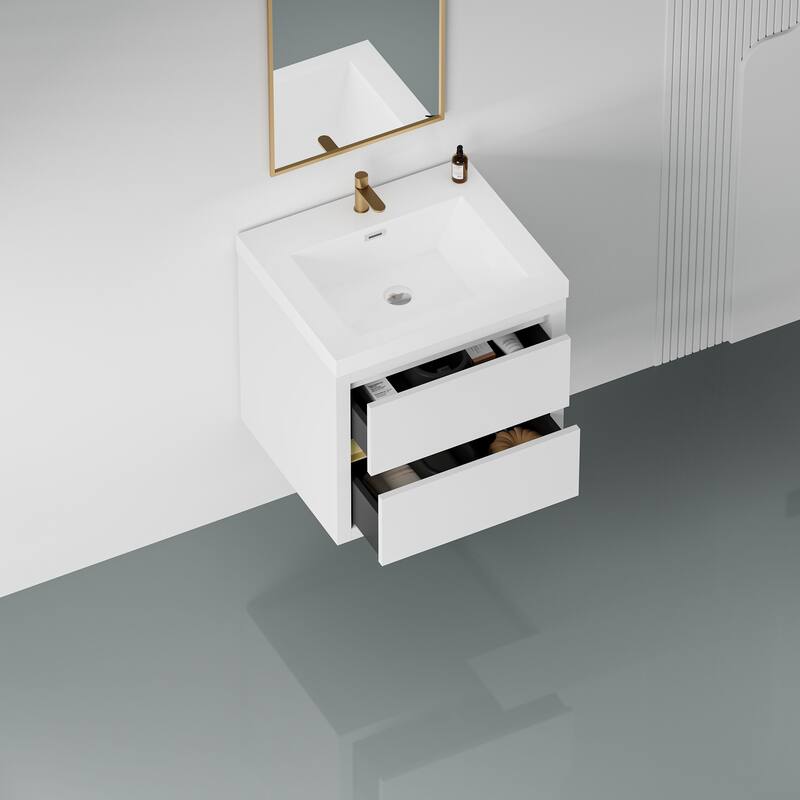 35.5" Glossy White Bathroom Vanity with U-Shape Drain Design, Soft-Close Drawers, and Stone Resin Countertop