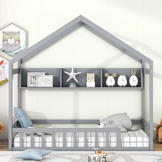 Wooden Twin House Bed with Storage Shelf, Kids Bed w/Fence & Roof,Gray