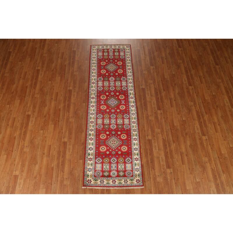 Red Geometric Traditional Kazak Oriental Wool Runner Rug Hand-knotted - 2'9" x 9'4"