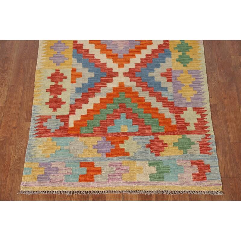 Geometric Reversible Kilim Oriental Accent Rug Flatweave Wool Carpet - 3'4"x 5'2"