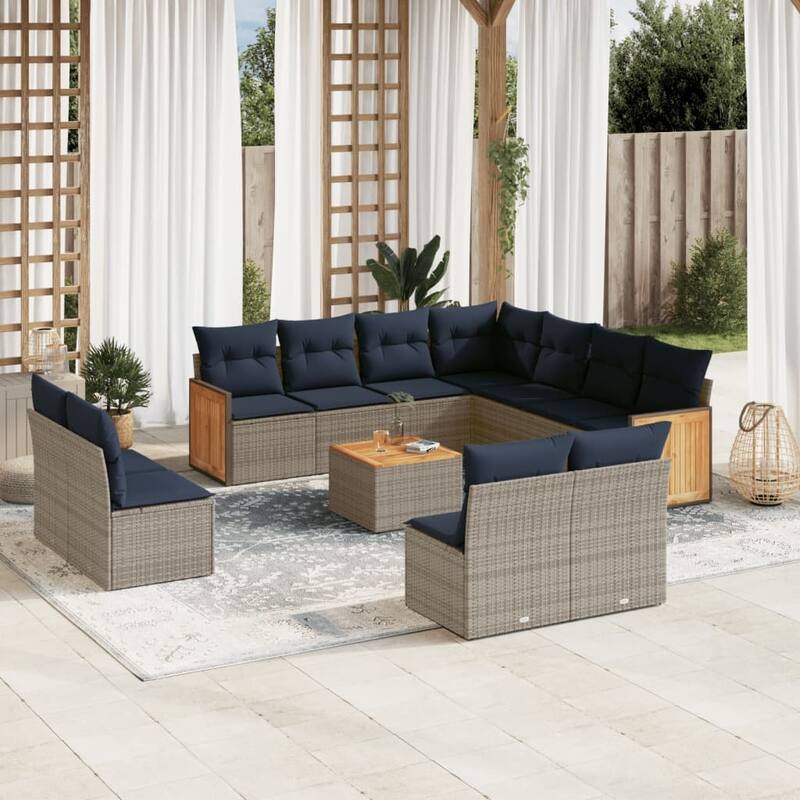 vidaXL 11/12 Piece Patio Sofa Set with Cushions Black/Gray Poly Rattan - 21.7 x 24.4 x 27.2 - Gray With table