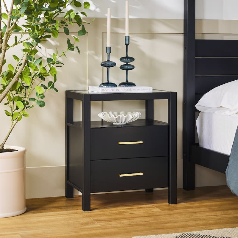 Walker Edison Solid Wood Nightstand with Tempered Glass Top