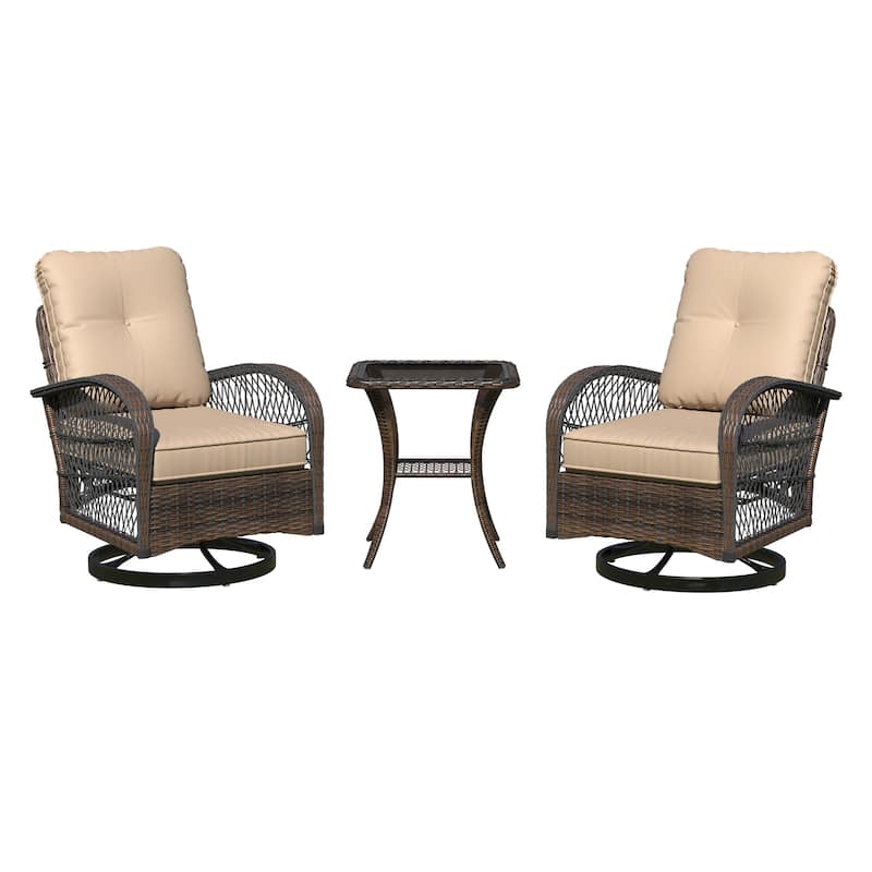 Outdoor Swivel Rocker Bistro Set - 3 Piece Wicker Patio Set with Swivel Rocking Chairs, Cushions, and Tempered Glass Side Table