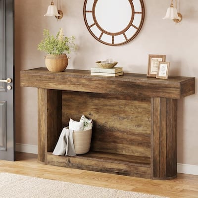 63 Inches Brown Wood Farmhouse Console Table, 2-Tier Entryway Table for Living Room
