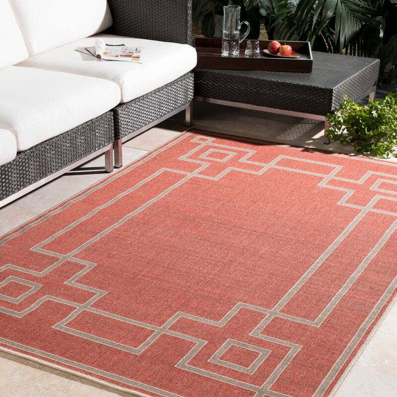 Livabliss Odette Greek Key Border Indoor/ Outdoor Area Rug - 8'9" Square - Rust