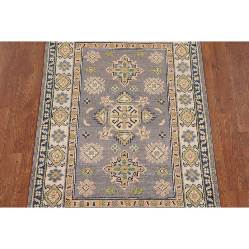 Gray Geometric Kazak Accent Rug Handmade Wool Carpet - 2'8" x 4'2"