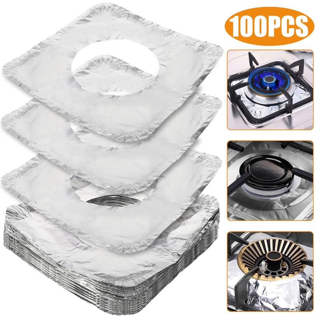 100-Pack Disposable Aluminum Foil Gas Stove Burner Liners