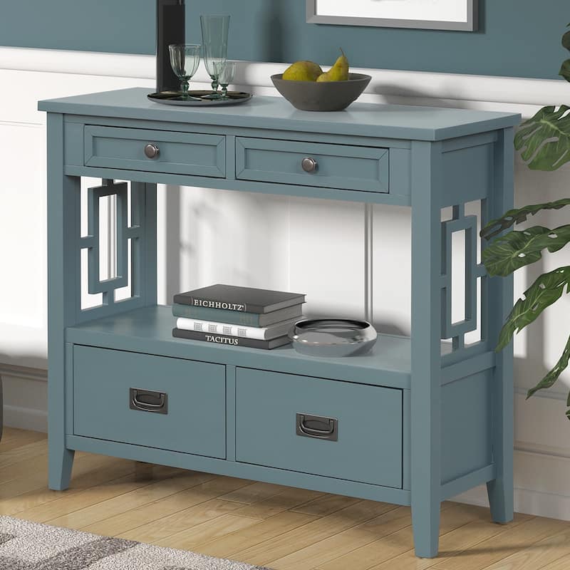 36'' Farmhouse Pine Wood Console Table Entry Sofa Table with 4 Drawers & 1 Storage Shelf for Entryway Living Room Bedroom - Blue