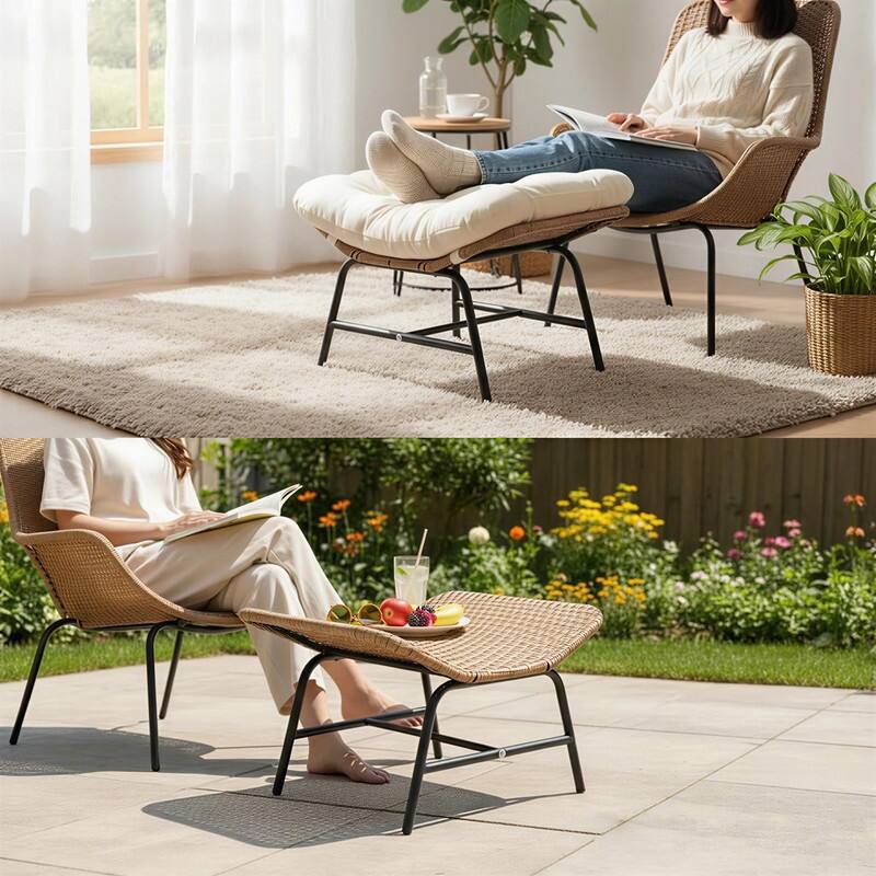 2-Piece Outdoor Wicker Ottomans with Cushions, Weather-Resistant Boho Patio Rattan Footrests for Garden, Porch, and Balcony