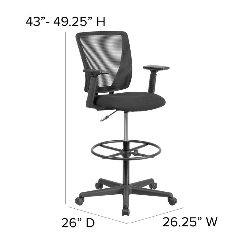 Mid-Back Mesh Drafting Chair w/ Fabric Seat, Adjustable Foot Ring and Arms